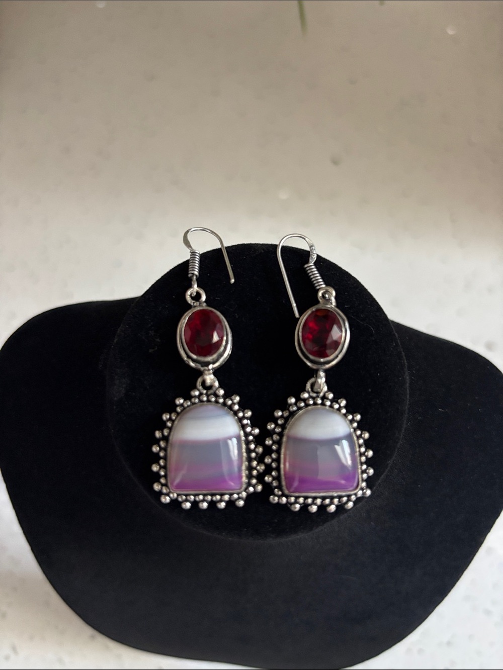 Sterling Silver Botswana Agate & Garnet Gemstone Drop Dangle Earrings